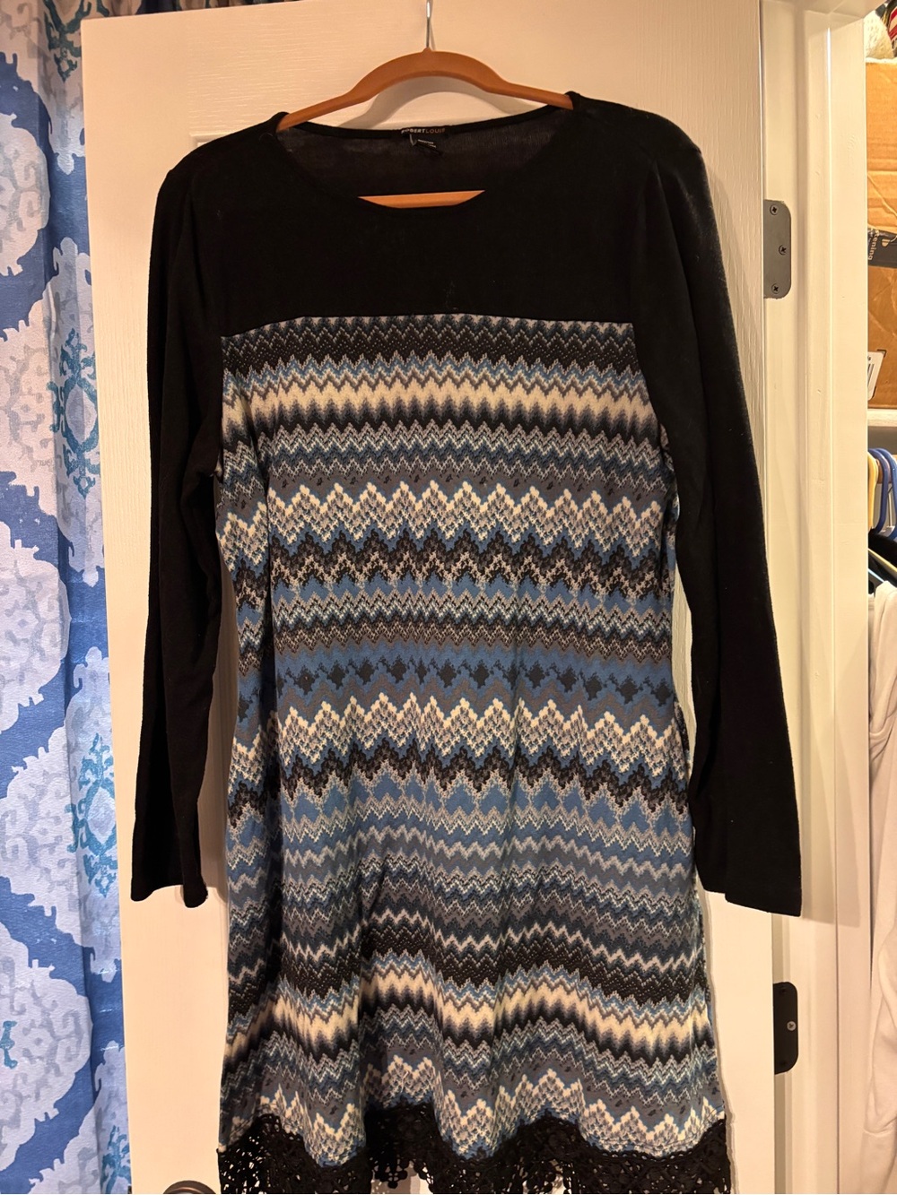 Robert Louis Black Long-Sleeve Sweater Dress with Blue Chevron Panel